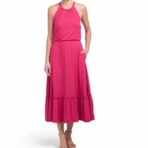 Rachel Zoe Halter Top Pink Fuchsia Maxi Dress w/ Ruffle Sz Large